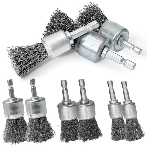 9 Piece Drill Wire Brush Set With Crimped End Knotted Brushes In 0.8, 1, And 1.2 Inch Sizes, 1 Quarter Inch Hex Shank
