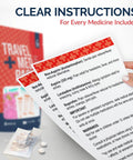Front view of Travel Medicine Kit: red TSA-friendly 78-piece med pack with blister packs and pills.