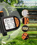 Plug And Play Programmable Sprinkler Timer For Garden Hose With Rain Delay And Manual Watering Child Lock Outdoor Weatherproof Automatic Irrigation System, showing LCD and features