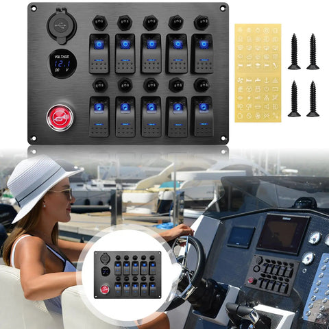 All In One Marine Rocker Switch Panel With LED Circuit Breaker 10 Circuits 12V 24V DC Socket Horn Button Dual USB Charger And Voltmeter IP65 Waterproof