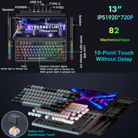 Dope 82 Key Mechanical Keyboard Featuring A Massive 13 Inch Foldable Touchscreen Monitor with RGB backlighting and USB setup.