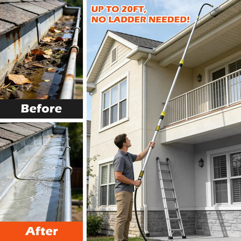 All In One Gutter Cleaning Kit With Telescopic Pole Reaching Up To 24 Feet Flexible Wand And Adjustable Flow Shut Off Clean From Ground