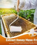 Beekeeping Uncapping Needle Roller For Honeycomb Extraction With 5 Inch Hardwood Handle in use on honeycomb frame in an apiary.