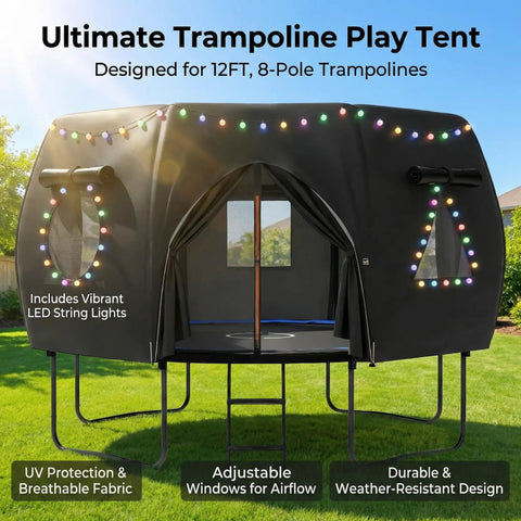 12 Ft Round Trampoline Tent Cover For 12 Ft Frames, Fits 8 Curved Poles With LED Lights, Tear Resistant Oxford Cloth