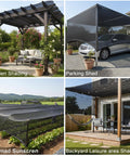 Collage showing 40 By 50 Feet Black Shade Cloth Mesh Tarp With Grommets For Outdoor Patio Garden Carport Chicken Coops Backyards Plant Cover Ninety Percent Shade Coverage Heavy Duty Sun Shade Netting in various uses like garden, carport, backyard, and farming shade.