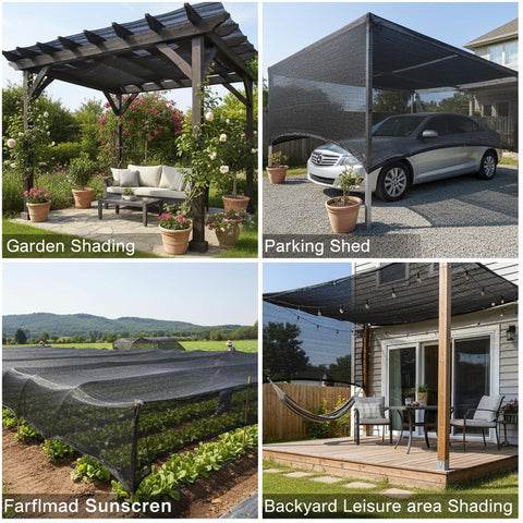 Collage showing 40 By 50 Feet Black Shade Cloth Mesh Tarp With Grommets For Outdoor Patio Garden Carport Chicken Coops Backyards Plant Cover Ninety Percent Shade Coverage Heavy Duty Sun Shade Netting in various uses like garden, carport, backyard, and farming shade.