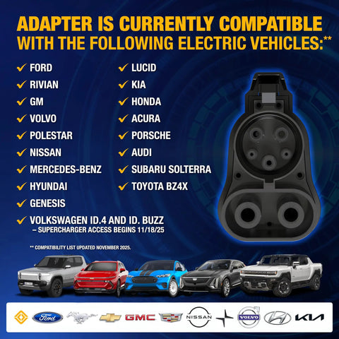 Nacs To Ccs1 Electric Vehicle Charging Adapter Drops Straight On Tesla Networks For Hella Fast Power Up To Five Hundred Amps Heavy Duty Build showcasing compatibility list with electric vehicles.