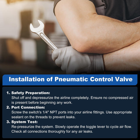 Person holding a wrench with installation steps for BA14500 One Quarter Inch Pneumatic Control Valve Air Toggle Switch.