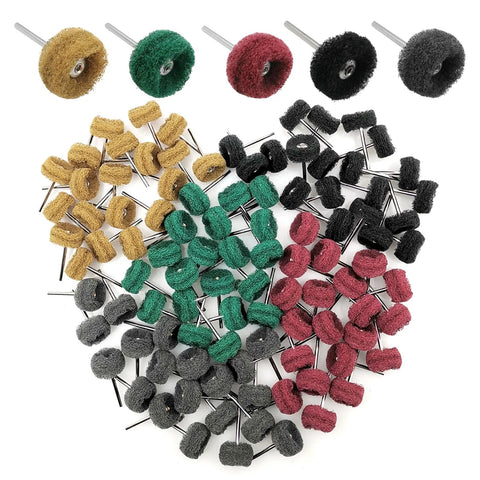 Buffing wheels set, 100-pack donut-shaped abrasive buffs with metal shanks in assorted colors for rotary tools