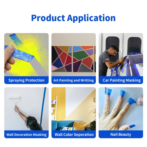 Collage showing Blue Painters Tape 1 Inch Wide Residue Free Masking Tape For Sharp Clean Lines On Walls No Mess Easy Peel Sticks To Surfaces Like A Pro 60 Yards Per Roll Six Rolls Total 360 Yards Great For Delicate Wood Trim Glass Metal Porcelain used for various projects.