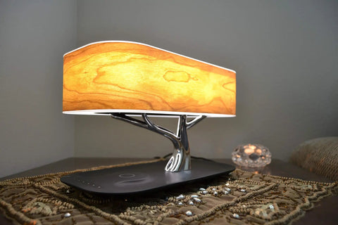 Bedside Tree Lamp With Bluetooth Speaker And Wireless Qi Charging Led Dimming Night Light Tree Of Life Decor on table