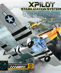 RC Airplane P51D Mustang flying with Xpilot 6G gyro stability, showcasing brushless motor and EPP foam body on aerial background.
