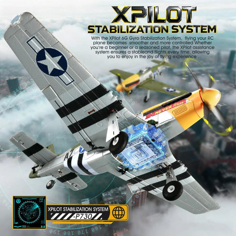 RC Airplane P51D Mustang flying with Xpilot 6G gyro stability, showcasing brushless motor and EPP foam body on aerial background.
