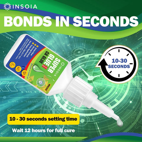 Front view of medium CA glue bottle with white cap, green label, 20 g, Bonds in Seconds