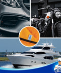 Collage featuring Ultra Plush Dual-Sided Microfiber Car Towels, motorcycle, car, and boat, highlighting detailing versatility.