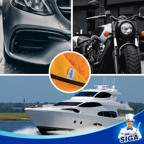 Collage featuring Ultra Plush Dual-Sided Microfiber Car Towels, motorcycle, car, and boat, highlighting detailing versatility.