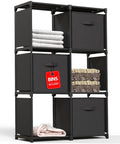 Six Cube Storage Organizer With Three Extra Drawers, folded clothes and blankets in modular black shelves for home office use.