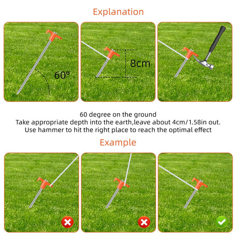 Instruction on using Beefy Heavy Duty Tent Stakes 7 Inches 10 Pack Rust Proof Galvanized Steel Ground Pegs at 60 degree angle