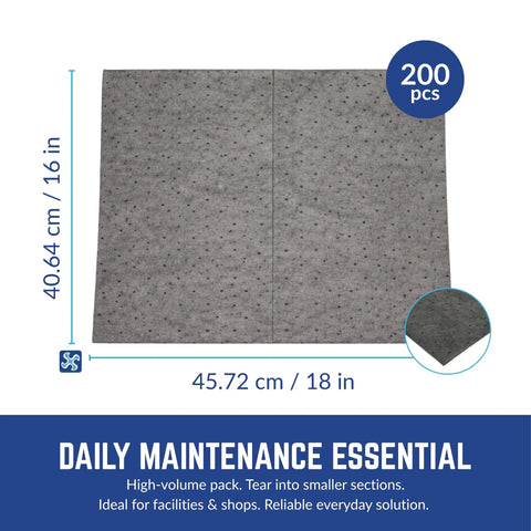 No Sweat Universal Absorbent Pads For Cleaning Up Everyday Oil Water And Solvent Spills In Garages And Workshops Includes 200 Tough Dimple Bonded Cleanup Sheets Sized At 16 By 18 Inches