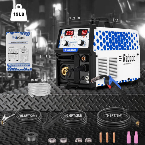 Five In One MIG Welder 250A Multiprocess Workhorse with accessories and size details on industrial background.