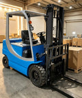 Slick Battery Powered Forklift Ride For Warehouse Grind And Heavy Pallet Hauling With Smooth Cargo Transport, side view showing detailed design.
