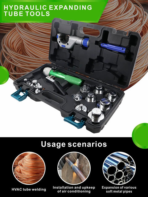 Professional Grade Hydraulic HVAC Swaging Tool Kit With Eleven Die Sets For 3/8 To 1 5/8 Inch Copper Tubing Smooth Operator Pipe Belling And Refrigeration No Sweat Fit
