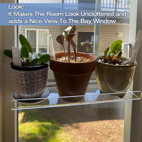 2 Pack 12 Inch Acrylic Window Plant Shelves With Suction Cup Sill Extenders for holding succulents inside a window.
