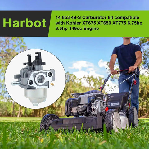 Man using lawnmower with inset showing Carburetor Replacement Kit For Kohler Courage XT-6 XT-7 Engines XT675 XT650 XT149