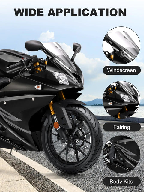 Pro Grade Motorcycle Fairing Bolt Kit Titanium Stainless Steel Universal Sportbike Fasteners M5 M6 Hardware Upgrade on black sports bike showing windscreen and body kits.