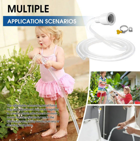 Child using No Sweat Faucet Hose Adapter With Adjustable Ring For Kitchen Sink And Garden Spraying Heavy Duty Reinforced Tube.