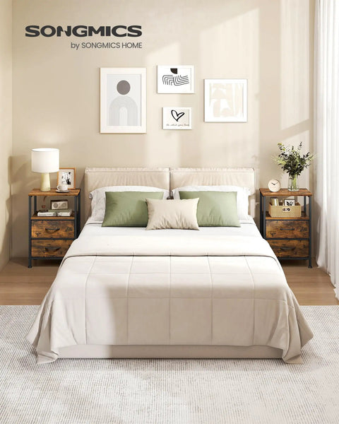 Top Tier Modern Nightstand With Two Spacious Drawers Sleek Steel And Wood Blend For Extra Bedroom Storage Durable Polyester Fabric Finish Super Handy End Table To Chill By Your Bed Total Home Vibe Upgrade in a stylish bedroom setting.