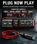 Heavy Duty 56W 14V DC Car Charger Adapter For NOCO Genius Boost Jump Starters connected to various NOCO models on a dark surface.
