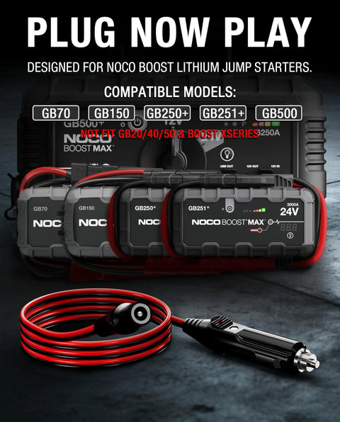 Heavy Duty 56W 14V DC Car Charger Adapter For NOCO Genius Boost Jump Starters connected to various NOCO models on a dark surface.
