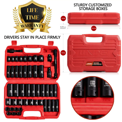 Impact Socket Set For Three Eighths Drive With SAE And Metric Sizes From Eight To Twenty Two Millimeters 48 Piece CRV Steel Six Point Sockets Plus Extension Bars Three Inch And Six Inch Reducer From Half To Three Eighths Universal Joint in red case
