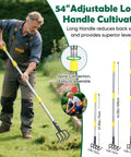 Man using Heavy Duty Garden Hand Tiller Cultivator With Four Tines Adjustable Long Handle Tackle Tough Weeds And Compact Soil
