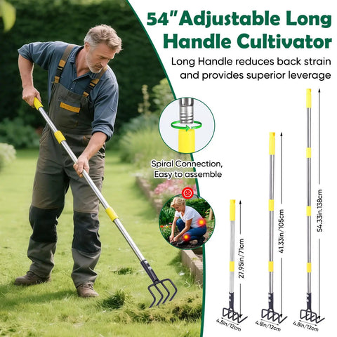 Man using Heavy Duty Garden Hand Tiller Cultivator With Four Tines Adjustable Long Handle Tackle Tough Weeds And Compact Soil