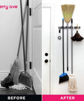 Before and after of a Beefy Heavy Duty Broom Wall Mount Organizer With Four Slots And Four Hooks For Tidying Brooms Mops Rakes.