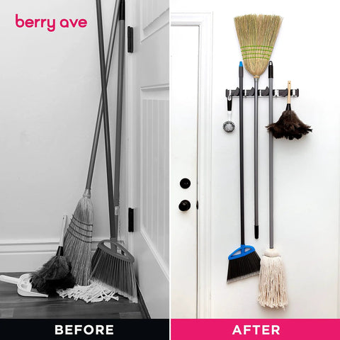 Before and after of a Beefy Heavy Duty Broom Wall Mount Organizer With Four Slots And Four Hooks For Tidying Brooms Mops Rakes.