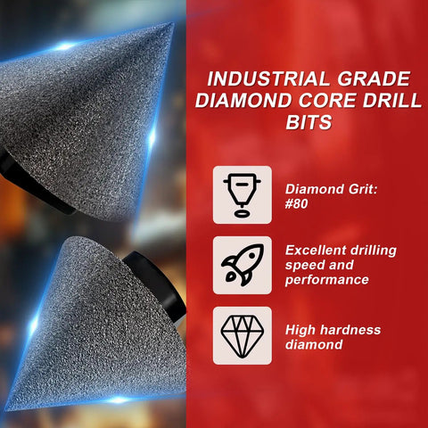 Close-up of industrial grade diamond core drill bits with grit #80, highlighting speed, performance, and hardness features.
