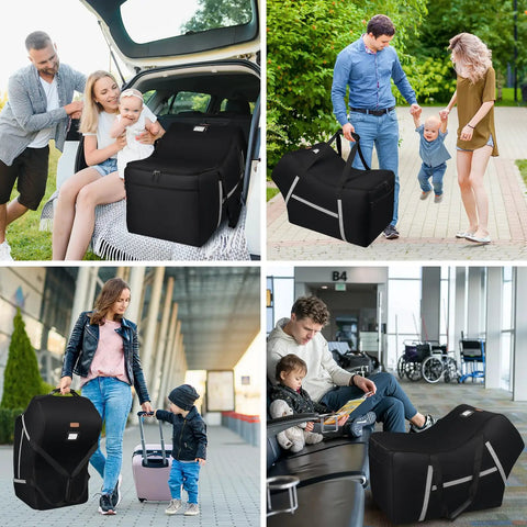 Airplane Ready Infant Car Seat Travel Bag With Padded Interior and Side Pocket, shown in various travel scenarios, Black