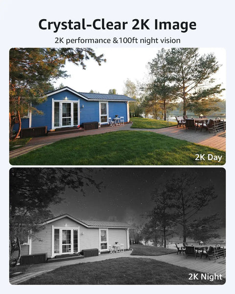 Comparison of day and night images showing Wireless Security Camera System Kit With 2TB Hard Drive 16 Channel 4K WiFi NVR For Indoor And Outdoor Use 12 Weatherproof Cams With Two Way Audio Night Vision Motion Alerts Remote Access performance on a house and yard