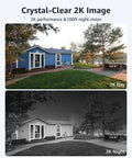 Image of day and night views with Two Pack 2K Outdoor Security Cameras Add On, highlighting 3MP video and 100ft night vision.