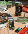 Emergency Spotlight Flashlight And Rechargeable Camping Lantern with USB ports charging phone on table with BBQ in background