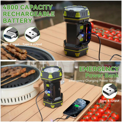 Emergency Spotlight Flashlight And Rechargeable Camping Lantern with USB ports charging phone on table with BBQ in background