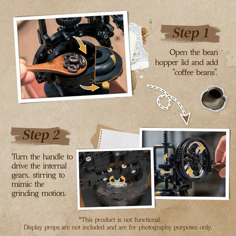 Step-by-step guide for Vintage Hand Crank Coffee Grinder Building Blocks Set With Moving Gears And Hidden Mini Coffee Shop Scene.