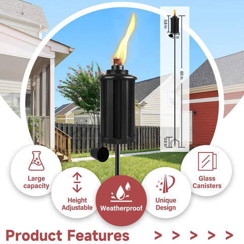 Citronella Outdoor Torches Set of 6 with 16 Ounce Fuel, 58 Inch Black Garden Lanterns on a Sturdy 3 Prong Ground Stake