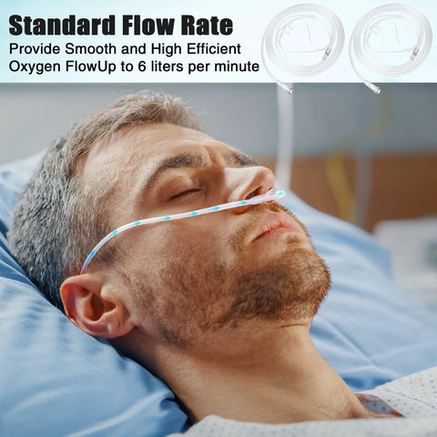 Adult oxygen nasal cannula with soft curved nose piece and clear tubing on patient in hospital bed