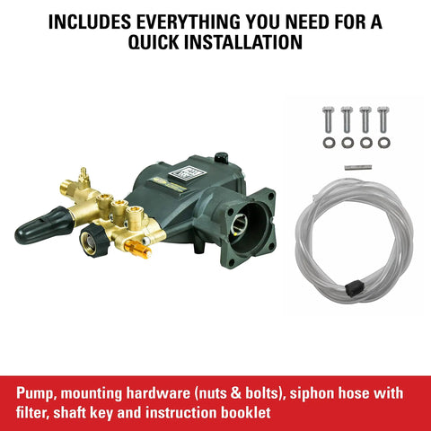 No Fuss Easy Install 3200 PSI 2.8 GPM Horizontal Replacement Pressure Washer Pump Kit with bolts and hose for power washers