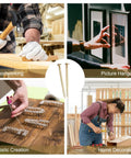 Collage of 900 Piece Brass Plated Finishing Nails 3 4 Inch By 17 Gauge Flat Head Carbon Steel Fasteners in woodworking and picture hanging.