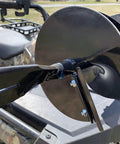 Close-up of an 8-inch auger bit on the Forty Three CC Gas Earth Auger Powerhead with Low Vibration Handles for Post Holes.